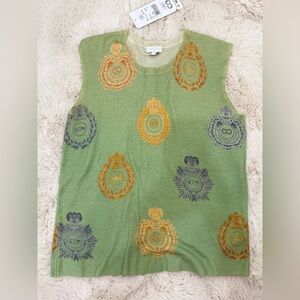 Escada Light Green Knit Tank with Gold Embroidered Crests